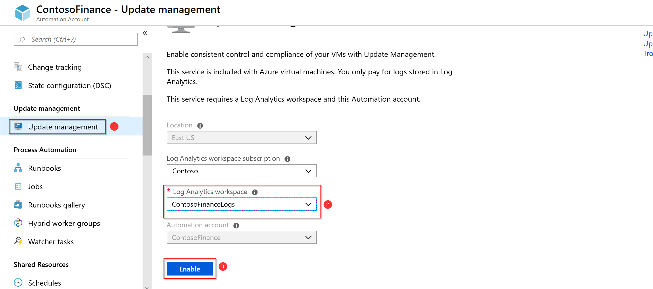 Captura de pantalla de la nueva habilitación de las características en la cuenta de Automation trasladada