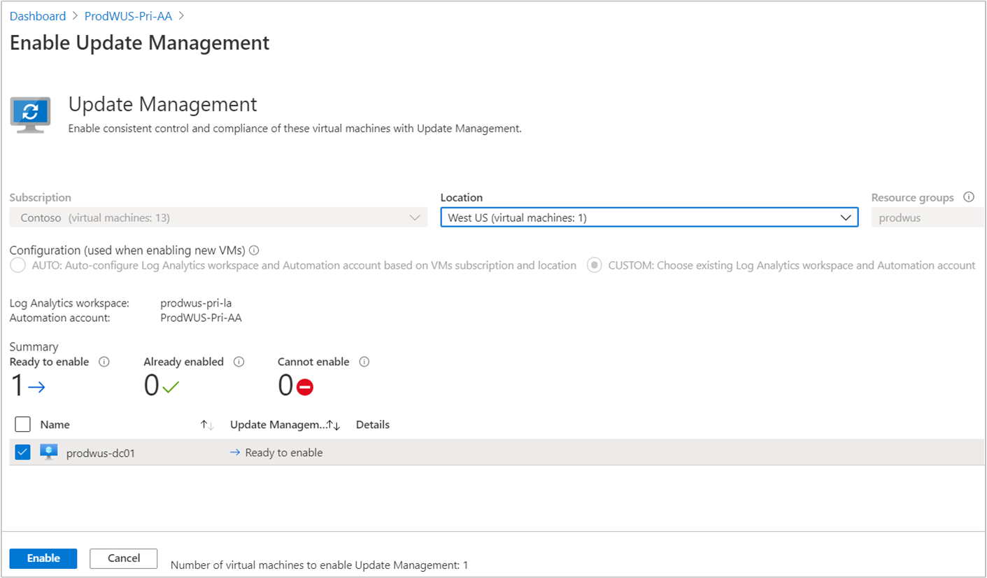 Habilitación de Update Management para la máquina virtual