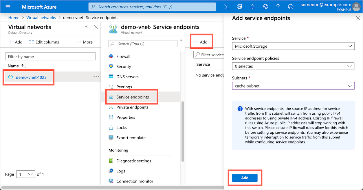 Captura de pantalla de Azure Portal con anotaciones de los pasos para crear el punto de conexión de servicio