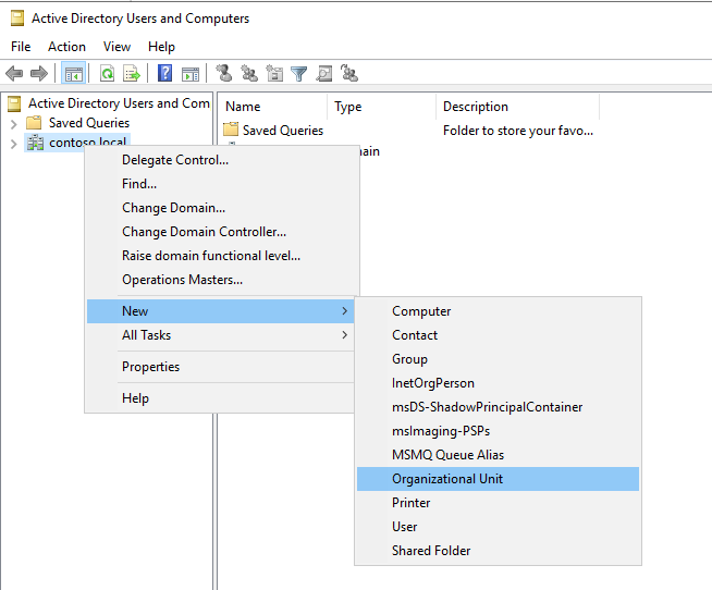 Captura de pantalla del menú de Usuarios y equipos de Active Directory.