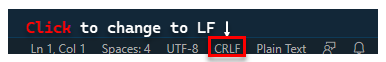 Captura de pantalla en la que se muestra dónde cambiar la secuencia de final de línea (CRLF).
