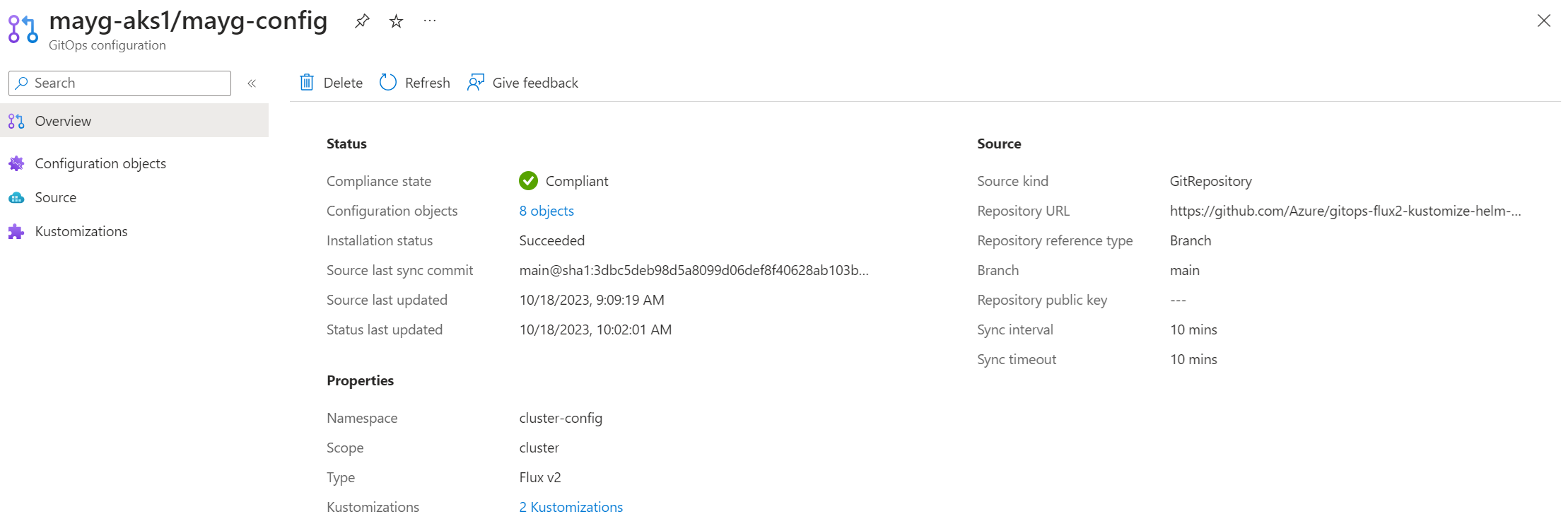 Recorte de pantalla de la página Información general de una configuración de Flux en Azure Portal.