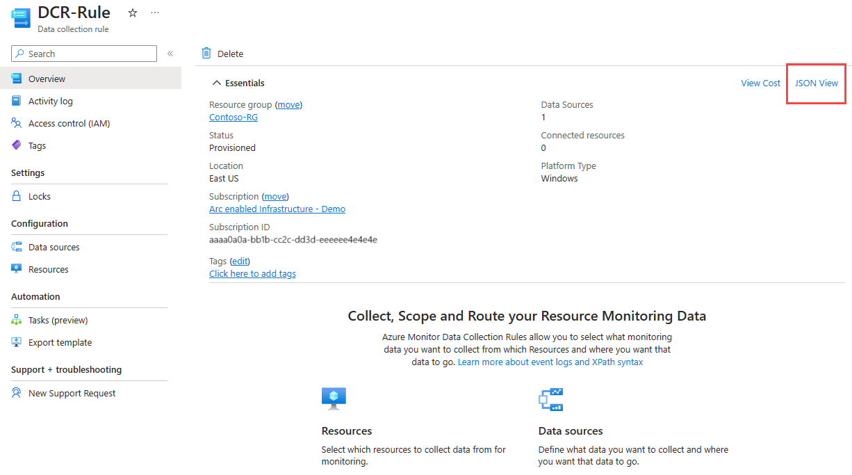 Captura de pantalla de la ventana Información general de una regla de recopilación de datos con el botón Vista JSON resaltado.