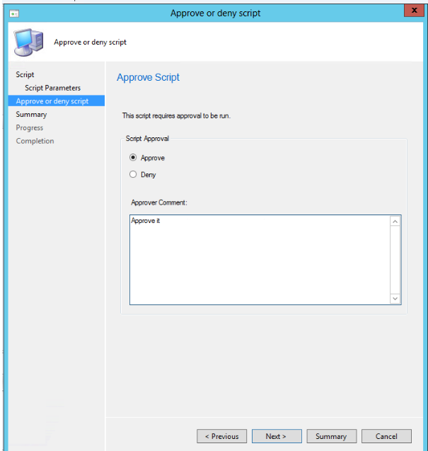 Captura de pantalla Aprobar o denegar el script en Configuration Manager.