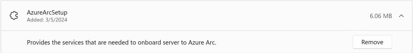 Captura de pantalla del menú Característica opcional que muestra la característica Configuración de Azure Arc con el botón Quitar.