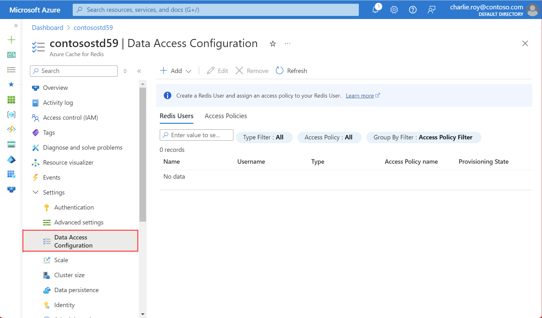 Captura de pantalla que muestra la opción Configuración de acceso a datos resaltada en el menú Recurso.