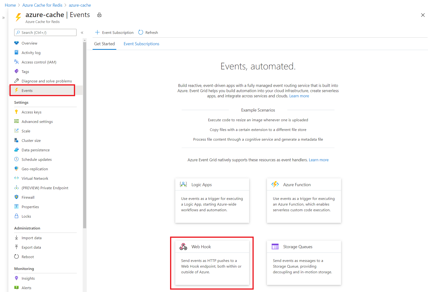 Página de eventos de Azure Portal.