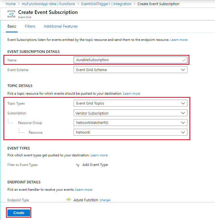 Creación de una suscripción a Event Grid.