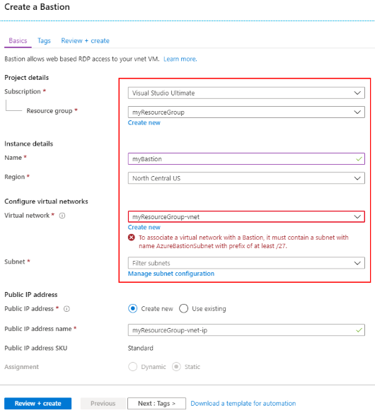 Inicio de la creación del recurso de Azure Bastion