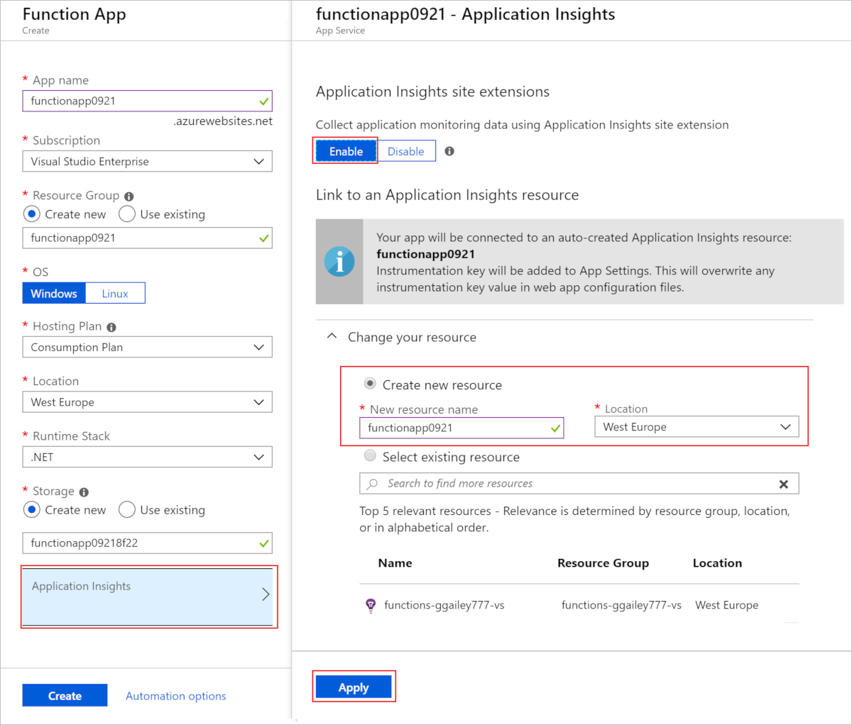 Captura de pantalla que muestra cómo habilitar Application Insights al crear una aplicación de funciones.