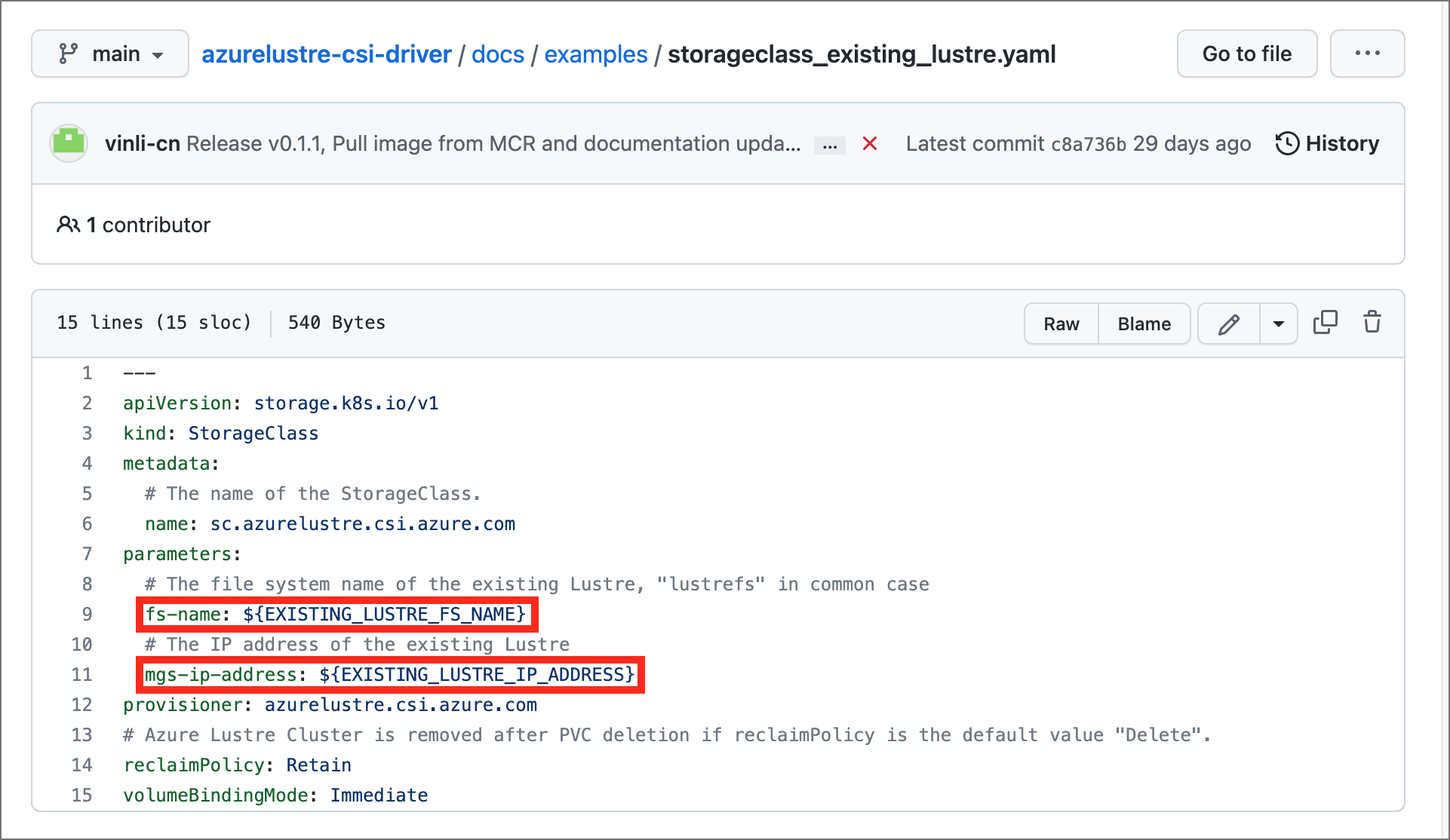 Captura de pantalla del archivo storageclass_existing_lustre.yaml con valores que se van a reemplazar resaltados.