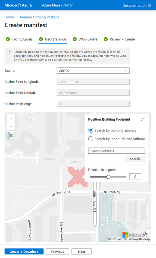 Captura de pantalla que muestra la configuración predeterminada en la pestaña georeferencia de la herramienta de incorporación de Azure Maps Creator. La configuración predeterminada es cero para todos los puntos de anclaje, incluida la longitud, la latitud y el ángulo.