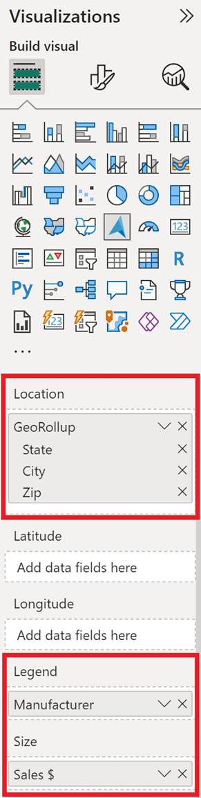 Captura de pantalla que muestra los campos necesarios para la capa de gráfico circular de Power BI.