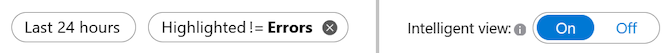 Captura de pantalla de los filtros para mostrar solo los errores resaltados en rojo en las últimas 24 horas y la vista inteligente está habilitada.
