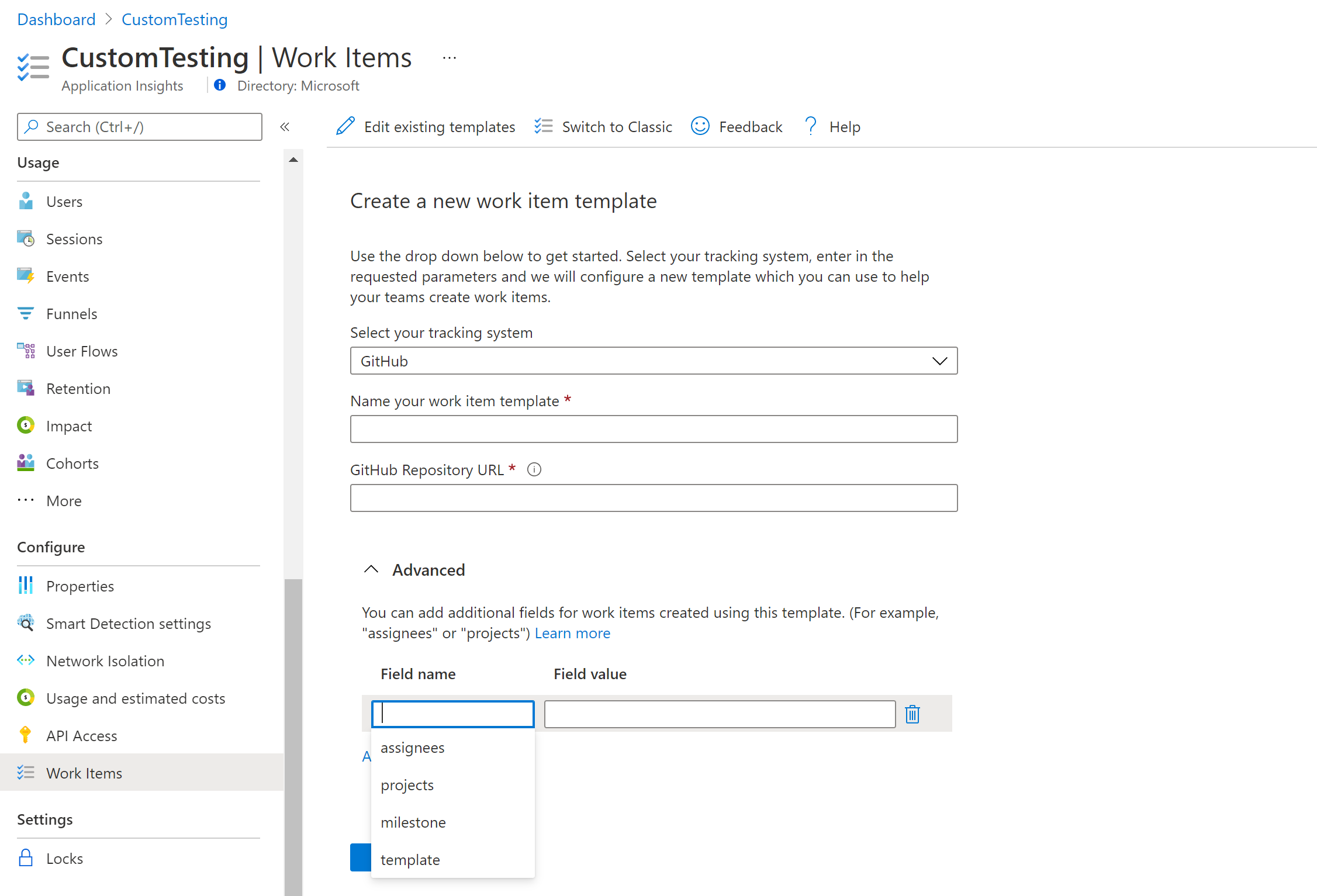  Captura de pantalla de Create a new work item workbook template (Crear una plantilla de libro de elemento de trabajo).