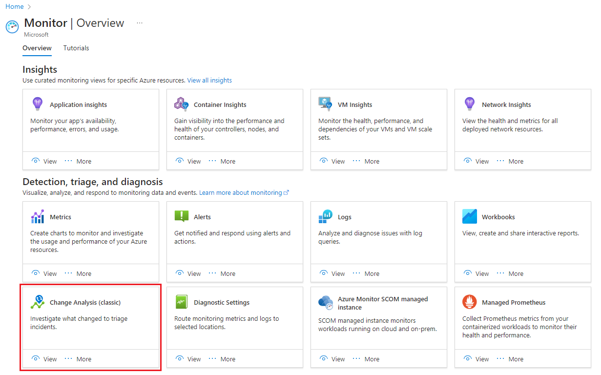 Recorte de pantalla que muestra la selección de la tarjeta Change Analysis en la página Información general de Azure Monitor.