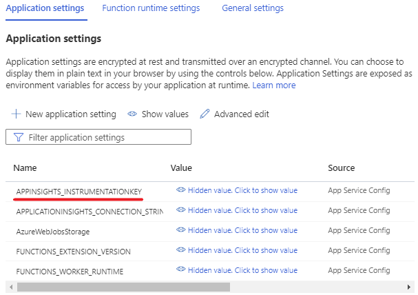 Captura de pantalla de la configuración de la clave de instrumentación de App Insights en la lista.