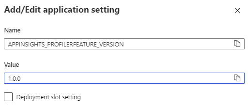 Captura de pantalla de la adición de la configuración de la versión de características de Profiler en App Insights.