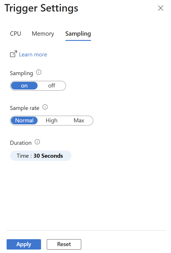 Captura de pantalla que muestra el panel de configuración del desencadenador para el desencadenador de muestreo.