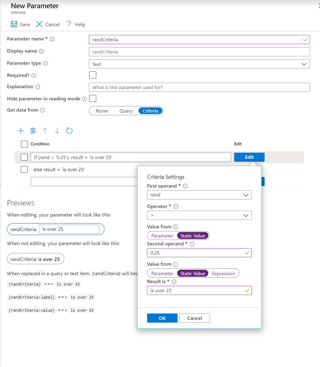 Captura de pantalla en la que se muestra el formulario de configuración de criterios relleno.