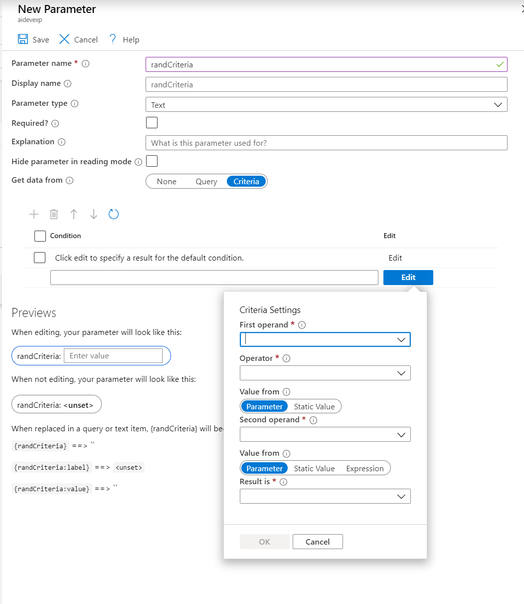 Captura de pantalla en la que se muestra el formulario de configuración de criterios.