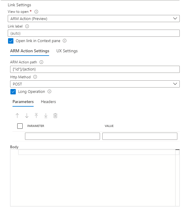 Captura de pantalla que muestra la configuración de la acción de ARM de Azure Workbooks.