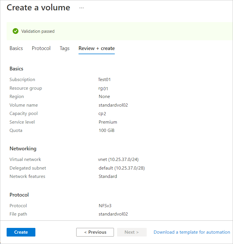 Captura de pantalla que muestra la pestaña Revisar y crear de la creación del volumen.