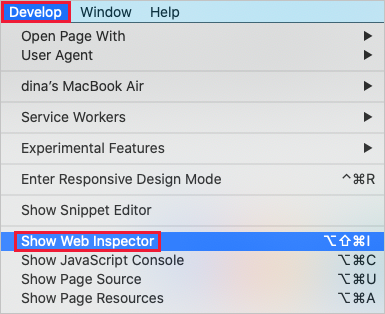 Recorte de pantalla de la opción Mostrar inspector web en el menú Desarrollo de Safari.