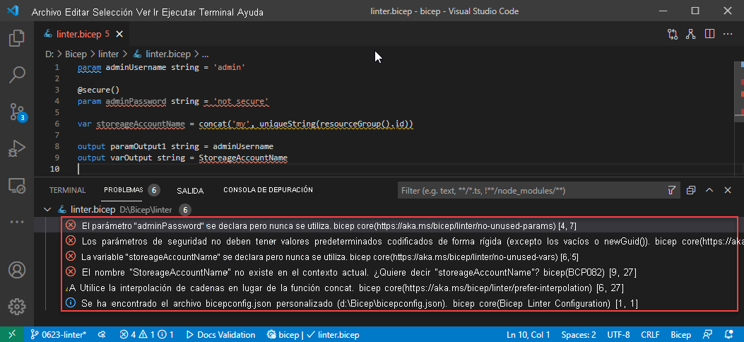 Uso de Bicep linter en Visual Studio Code