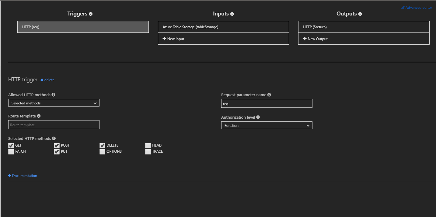 Captura de pantalla de la pestaña Integración de Azure Functions que muestra la selección de métodos HTTP de RESTful.