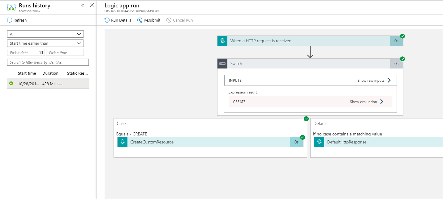 Captura de pantalla de la pestaña Historial de ejecuciones de la aplicación Logic en el Azure Portal que muestra las llamadas para la asociación crear.