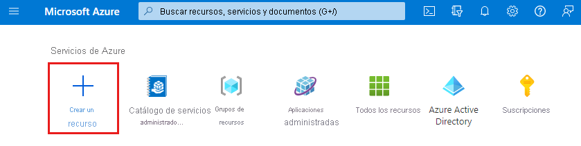 Captura de pantalla de la página de inicio de Azure con Crear un recurso destacado.