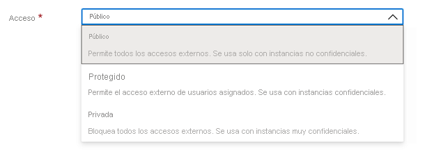 Captura de pantalla del elemento de interfaz de usuario Microsoft.Common.DropDown con la selección única y descripciones de los elementos.