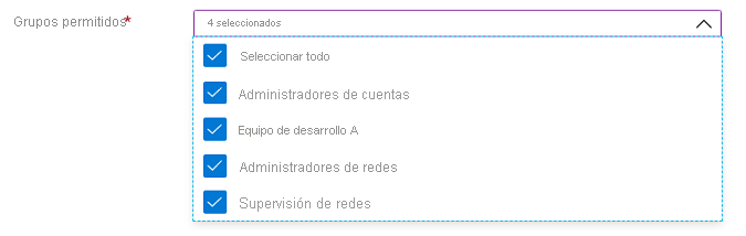 Captura de pantalla del elemento de interfaz de usuario Microsoft.Common.DropDown con la selección múltiple habilitada, incluida una opción para Seleccionar todo.