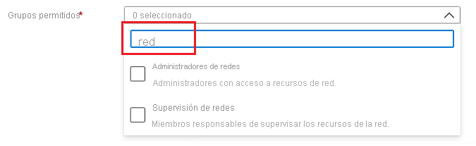 Captura de pantalla del elemento de interfaz de usuario Microsoft.Common.DropDown con la selección múltiple y el filtrado habilitados.