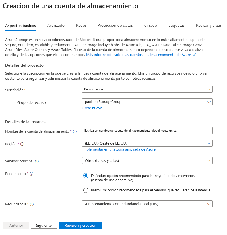 Captura de pantalla de la pestaña Aspectos básicos del formulario de Azure para crear una cuenta de almacenamiento.