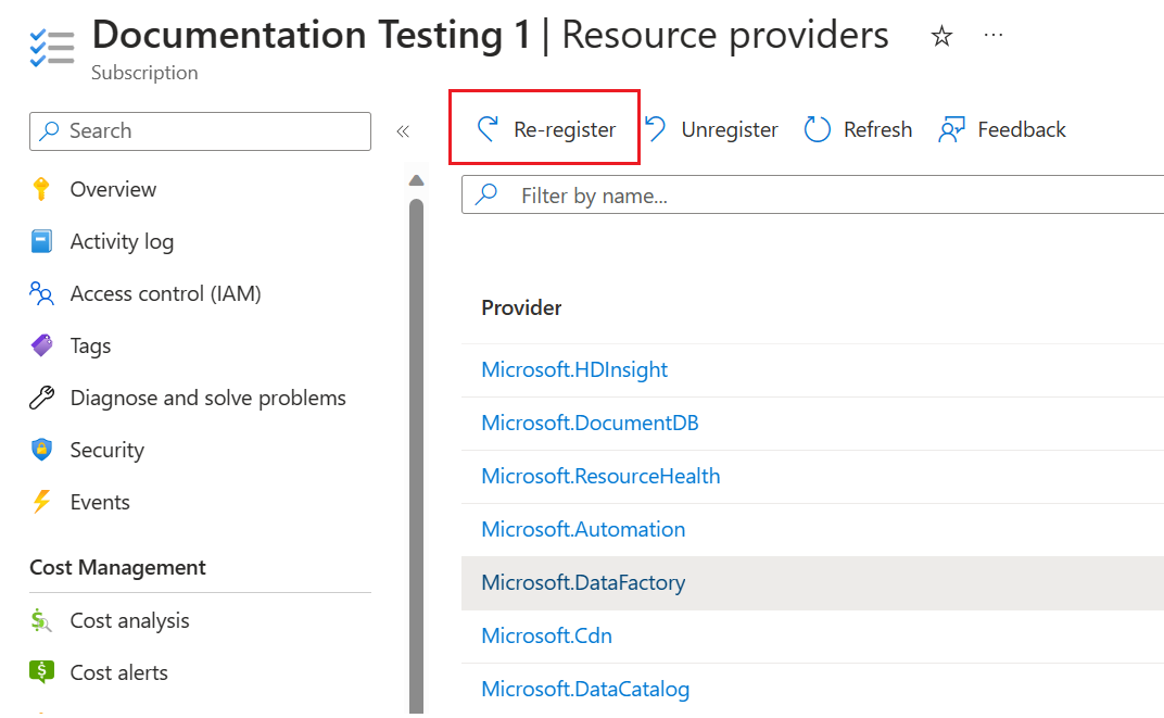 Captura de pantalla de la acción de registrar nuevamente a un proveedor de recursos en Azure Portal.