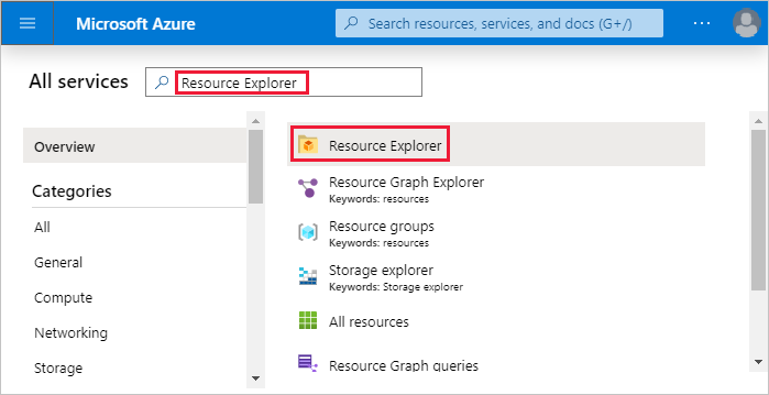 Captura de pantalla de la selección de Todos los servicios en Azure Portal para acceder a Azure Resource Explorer.