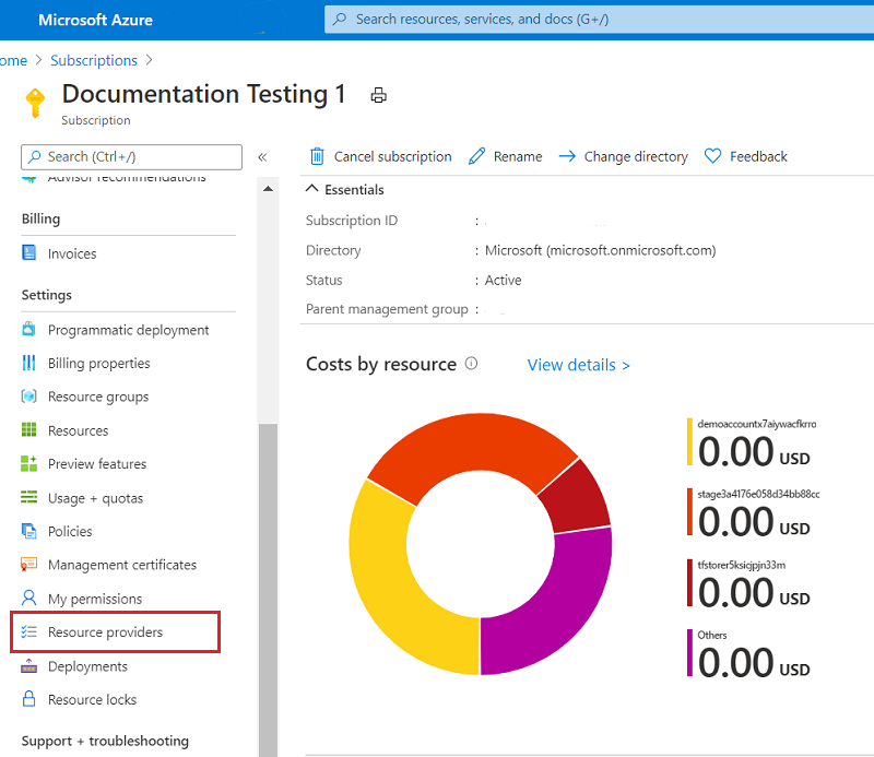 Captura de pantalla de la selección de proveedores de recursos en Azure Portal.