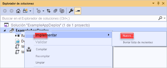 Captura de pantalla del menú contextual del proyecto de implementación con las opciones Implementar y Nuevo resaltadas.