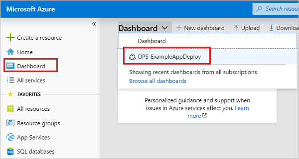 Captura de pantalla de la página Panel de Azure Portal en la que se resalta un ejemplo de panel personalizado.