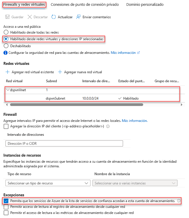 Captura de pantalla de la configuración de la cuenta de almacenamiento para acceder a la red privada.