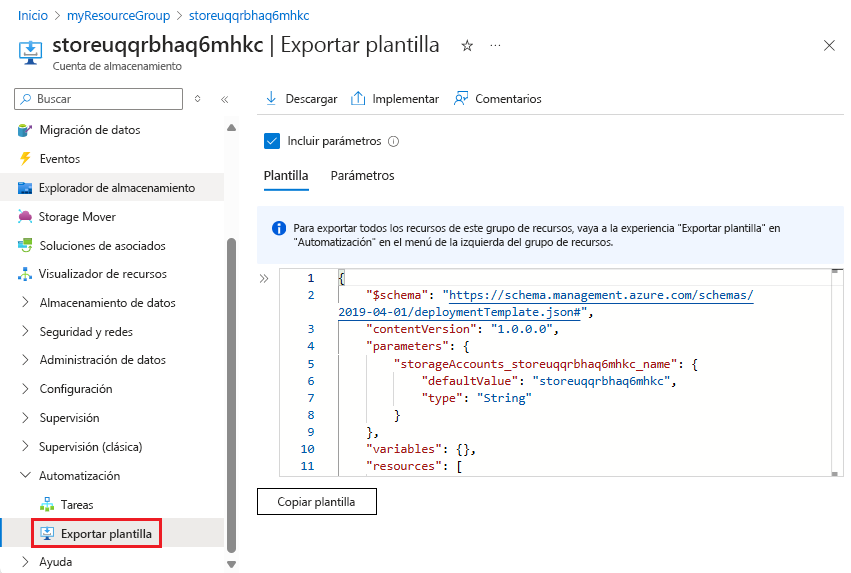 Captura de pantalla que muestra la exportación de un único recurso en Azure Portal.