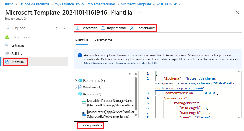 Captura de pantalla que muestra la selección la plantilla que se ha usado para una implementación concreta en Azure Portal.