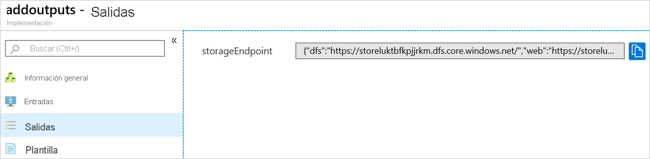 Captura de pantalla de Azure Portal en la que se muestran las salidas de implementación.