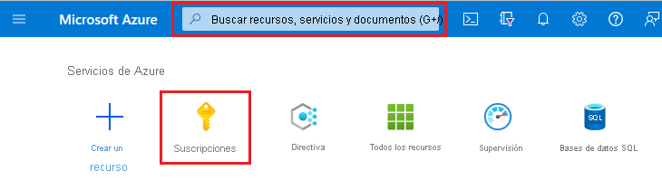 Captura de pantalla del Azure Portal con el cuadro de búsqueda y las suscripciones resaltadas.