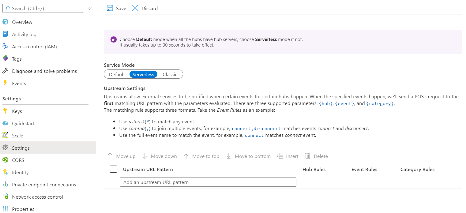 Recorte de pantalla de la configuración ascendente de AzureSignalR Service.