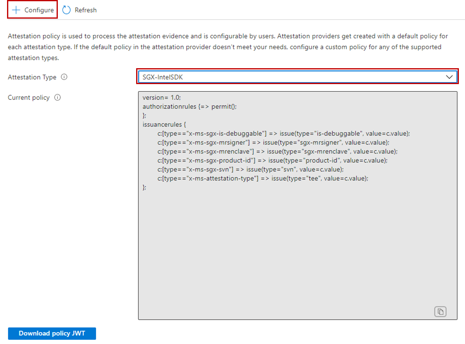 Captura de pantalla de la configuración de la directiva de atestación en Azure Portal.