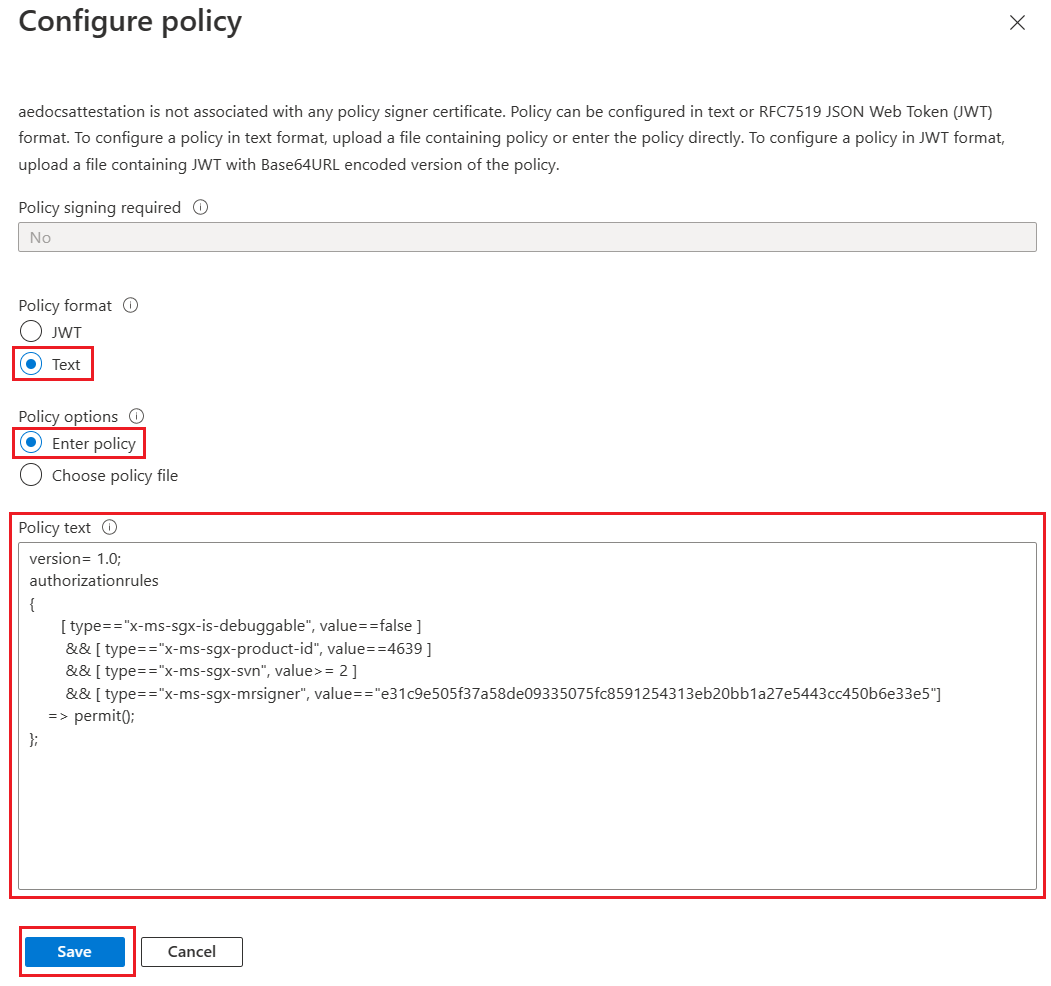 Captura de pantalla de la edición de una directiva de atestación en Azure Portal.