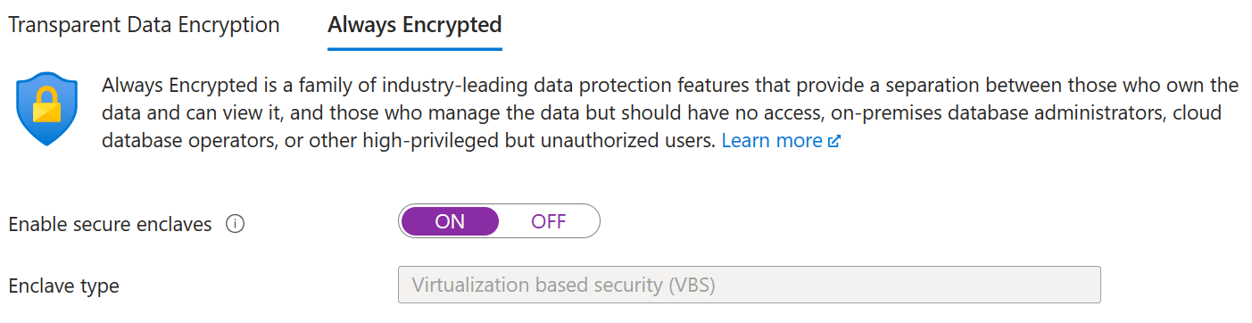 Captura de pantalla de la habilitación de enclaves seguros en una base de datos existente en Azure Portal.